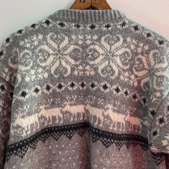 Vintage Fairisle Gray Navy Wool Cardigan Sweater Womens Deer Nordic Cabincore - Picture 8 of 11